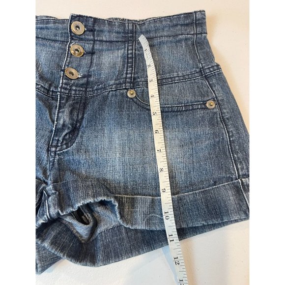 Forever 21 Womens High Waist Denim Shorts Roll Cuffed Hem Button Fly Blue SZ 28 - Picture 5 of 7